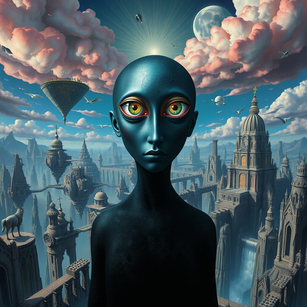 Enigmatic Figure in Escher-esque Surreal Landscape