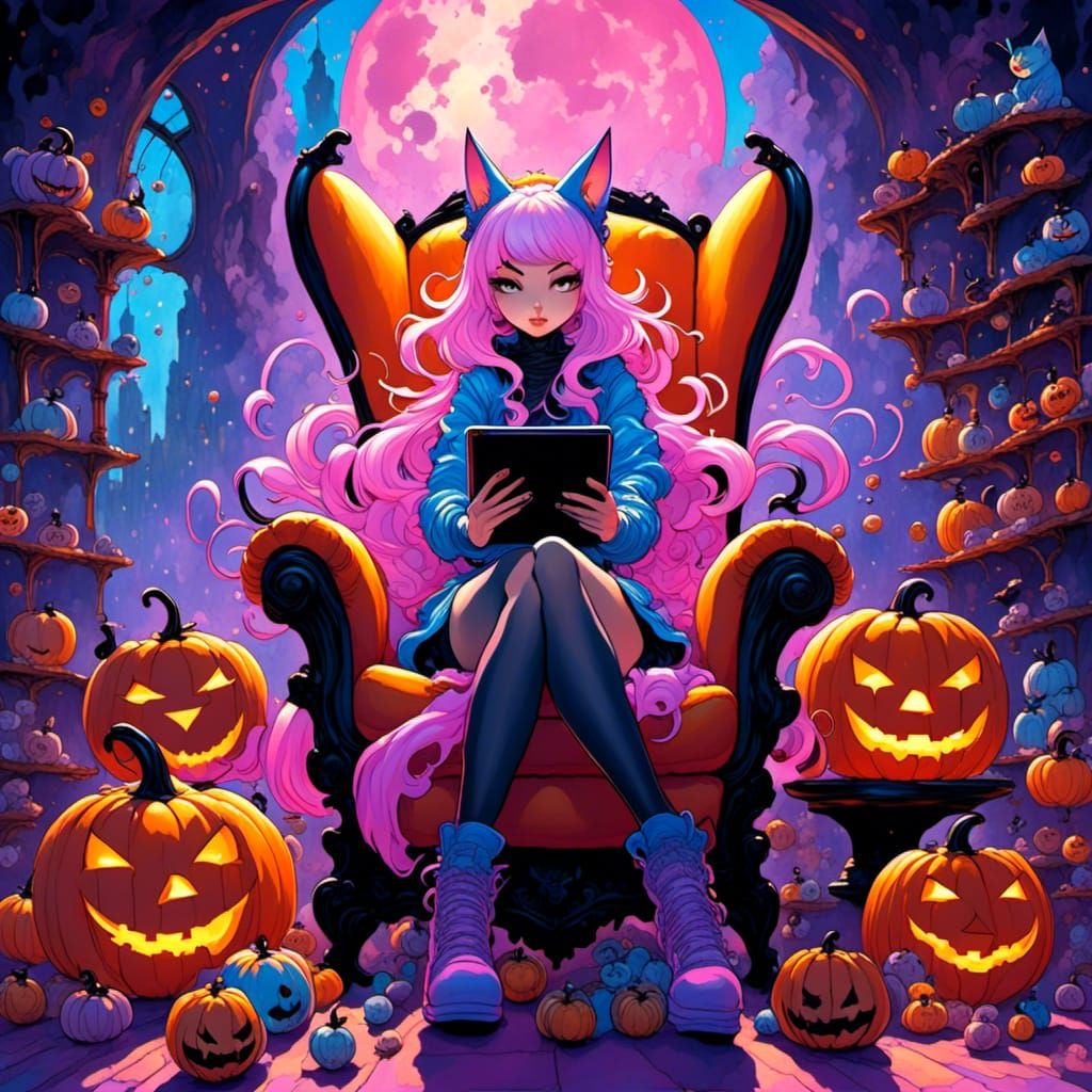 Watercolor Cat Gaamer Girl