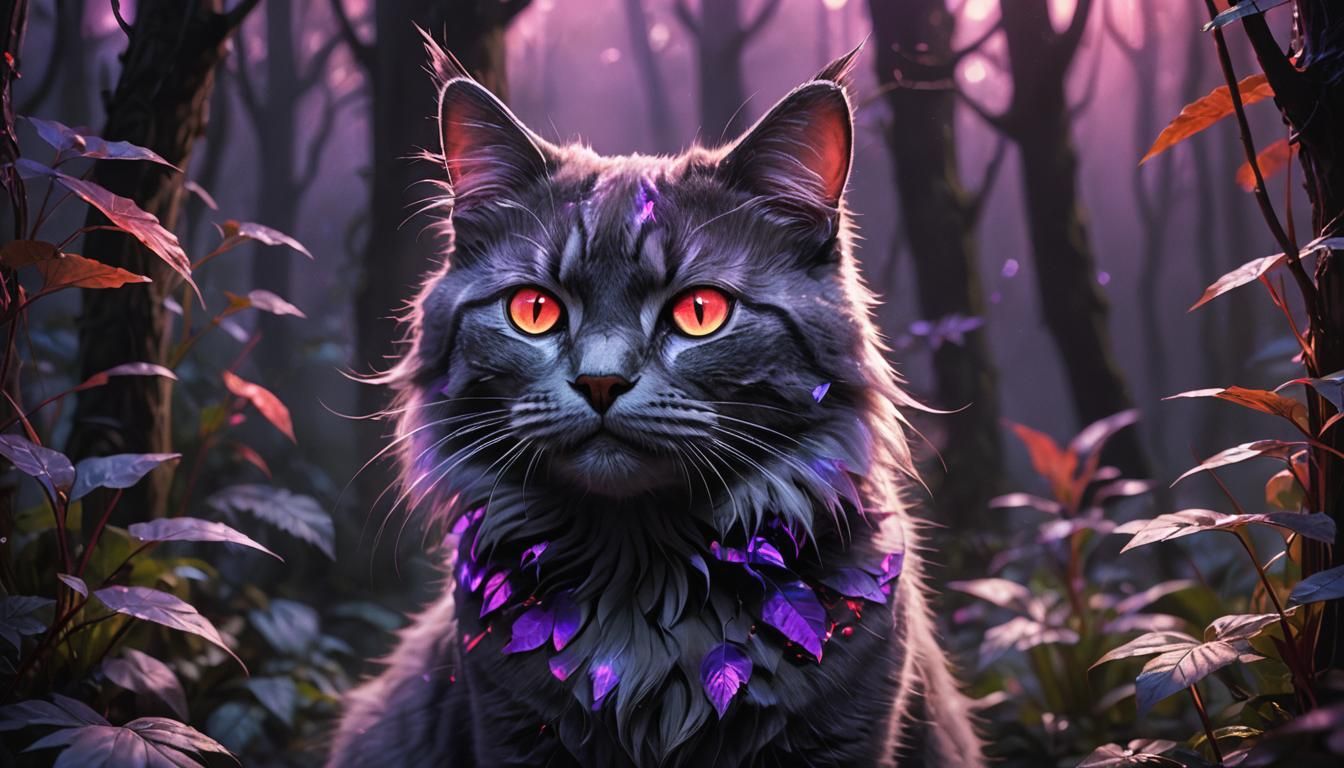 Gray Cat with Red Eyes and Neon Aura