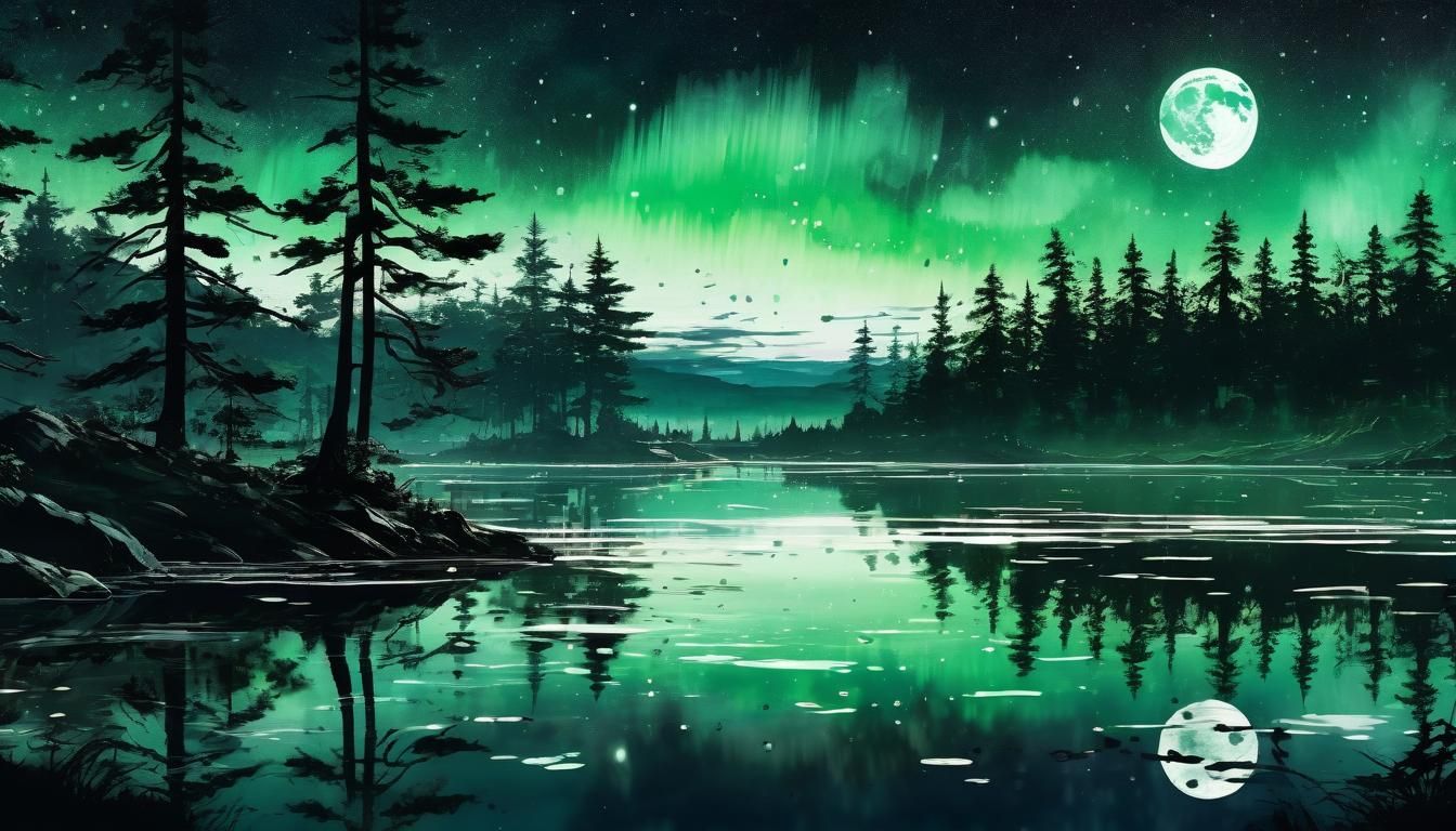 Spectacular Aurora Over Silhouetted Lake: Digital Concept Ar...