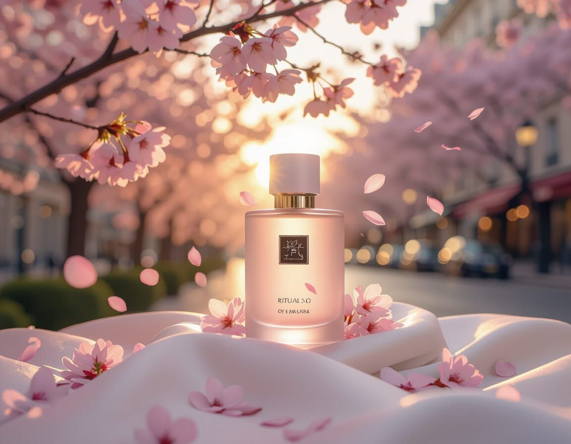 Sakura Cosmetics Bottle Amidst Cherry Blossoms at Golden Hou...