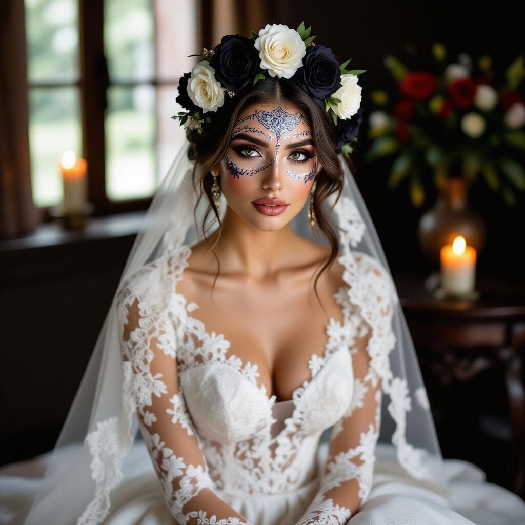 Hyper-Realistic Bride with Sugar Skull Makeup and Floral Cro...