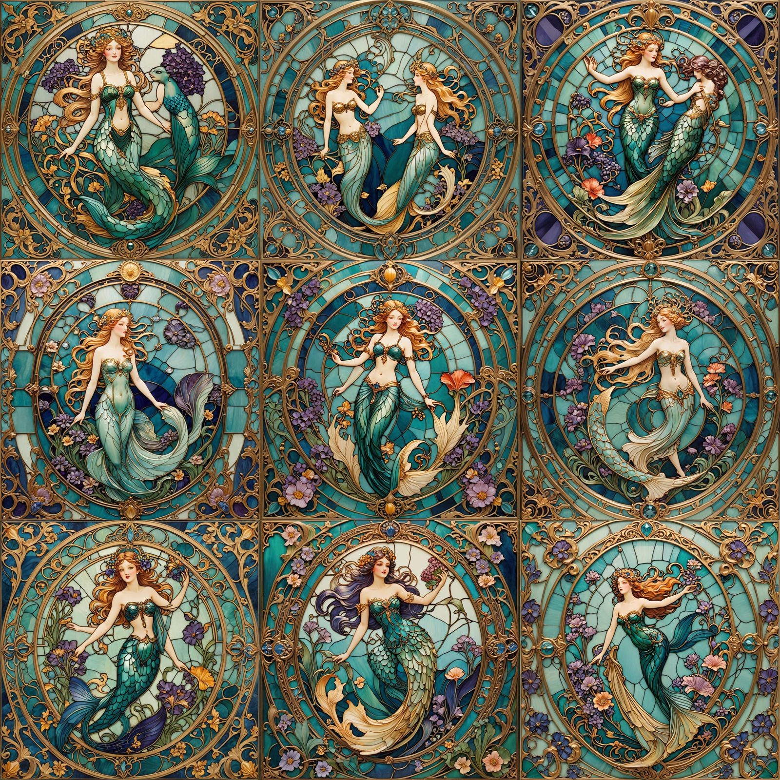 Art Deco Mermaids in Stained Glass Tile Design