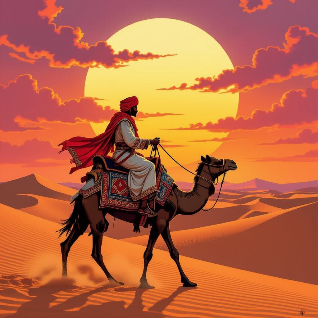Moroccan Warrior Rides Camel in Sandstorm, Art Deco Style