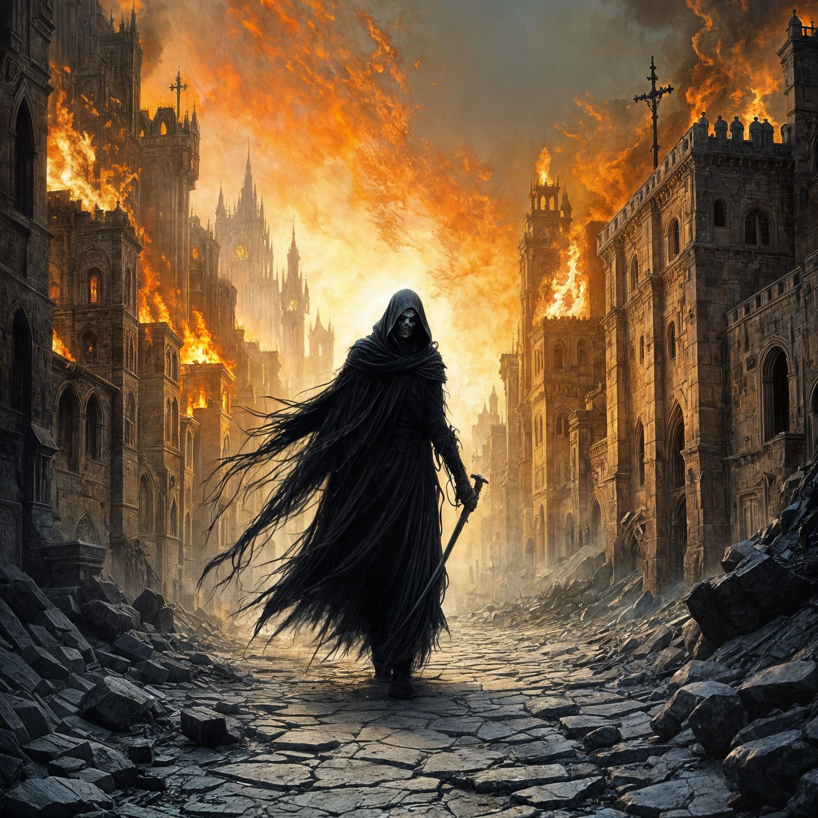 Grim Reaper in Burning City, Dark Fantasy Illustration