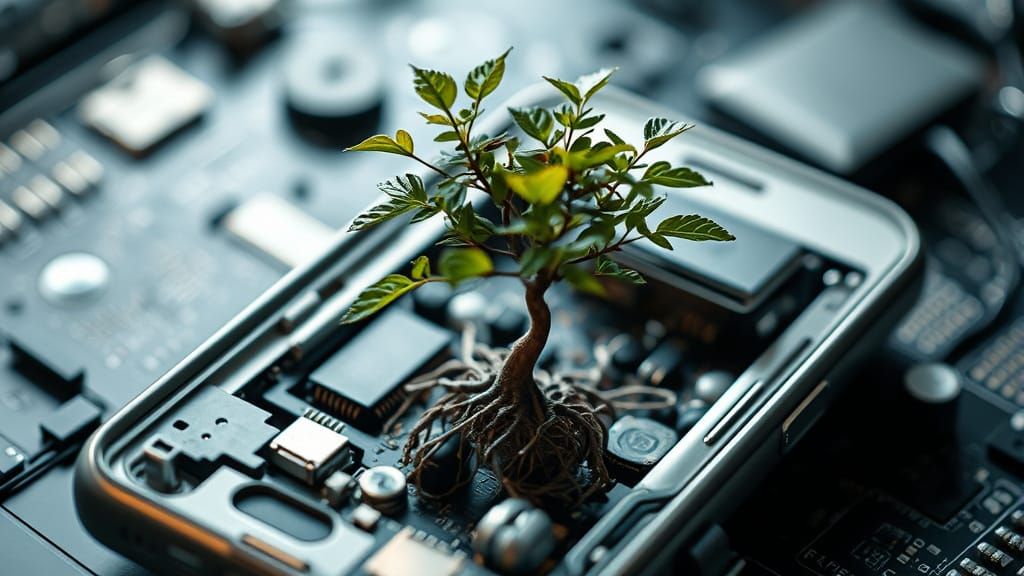 Bonsai Tree Growing in Broken Smartphone, Cyberpunk Style