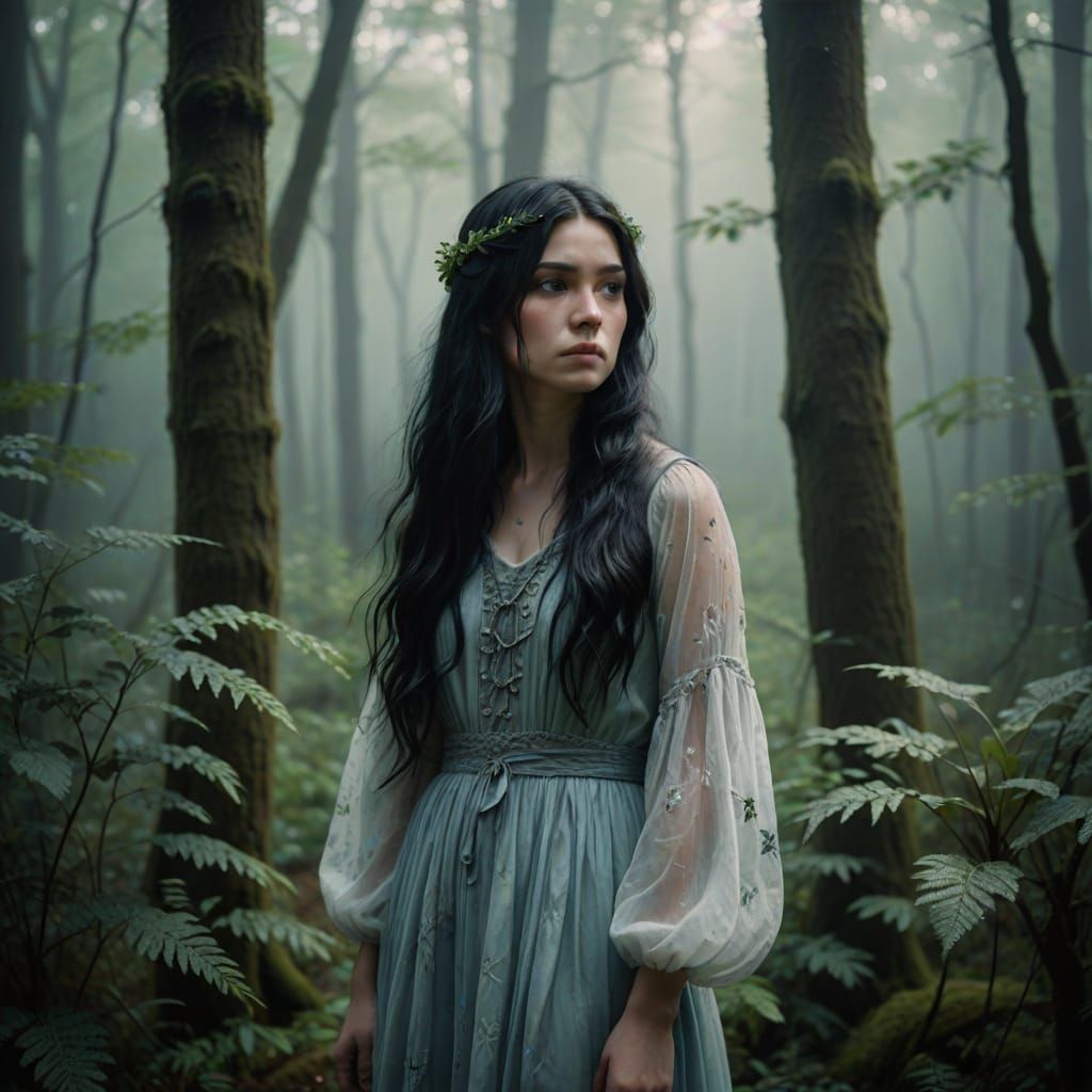 A Young Girl Lost in a Misty Forest