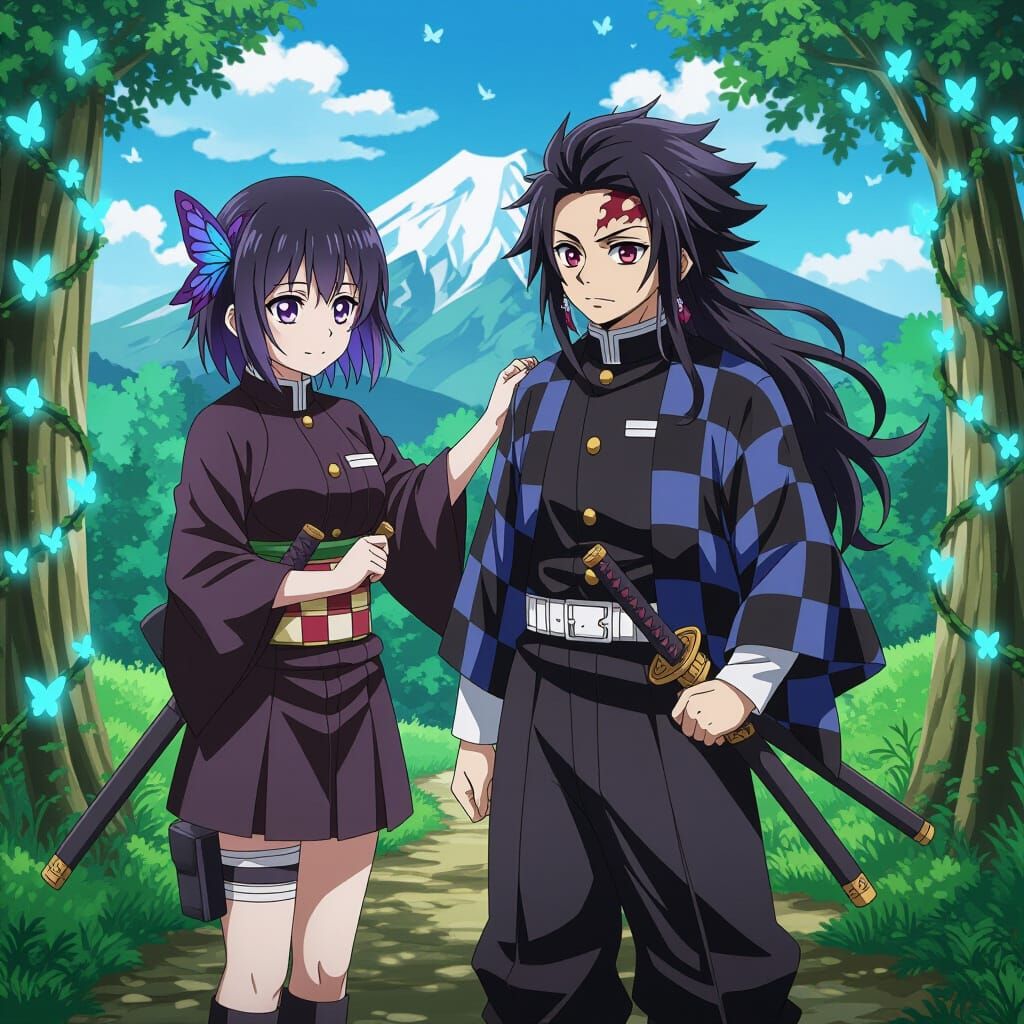 Anime Duo on Mountain Path with Glowing Flowers
