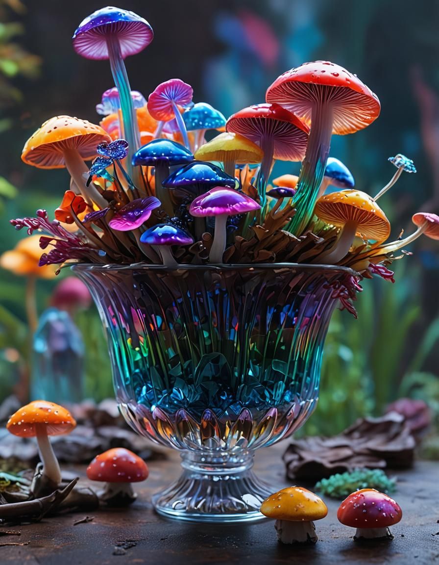 Iridescent Crystal Mushroom Bouquet, Digital Art