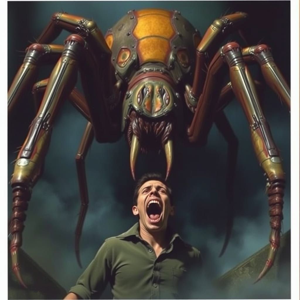Giant Spider Horror in Biomechanical Surrealism