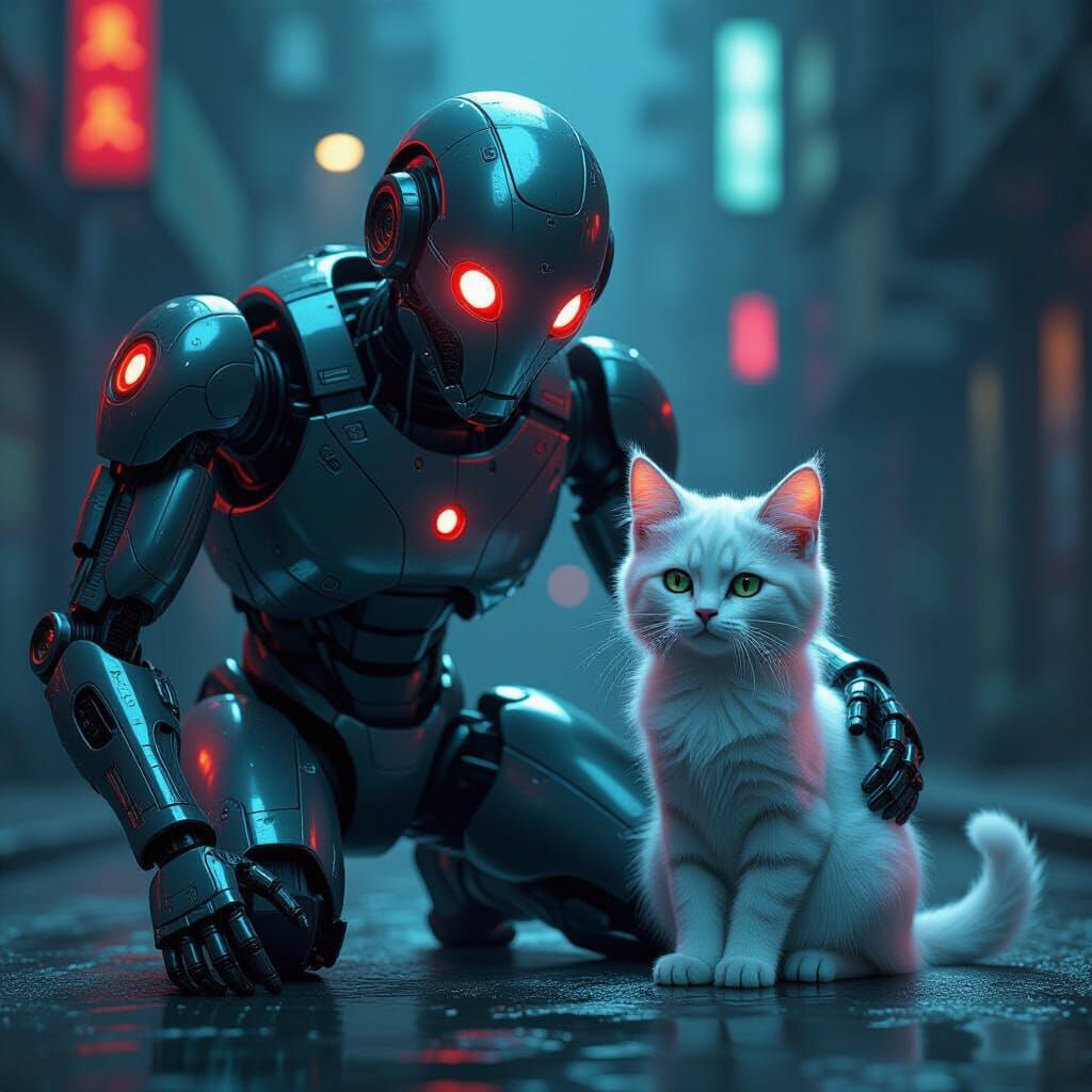 Cyberpunk Robot with Iridescent Liquid Kitty