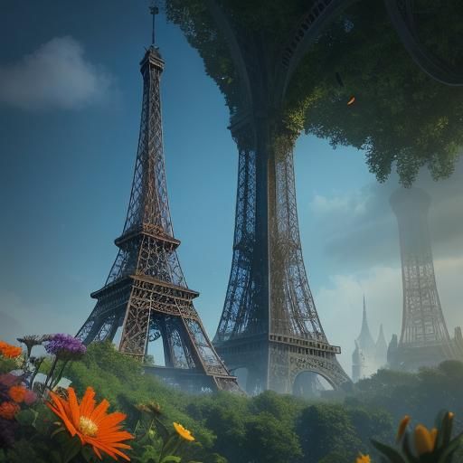 Eiffel Tower Surrounded by Lush Fantasy Scenery