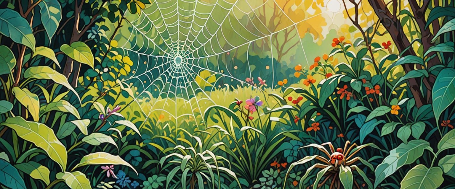 Jewel-Like Spiders in Exotic Garden, Watercolor Style