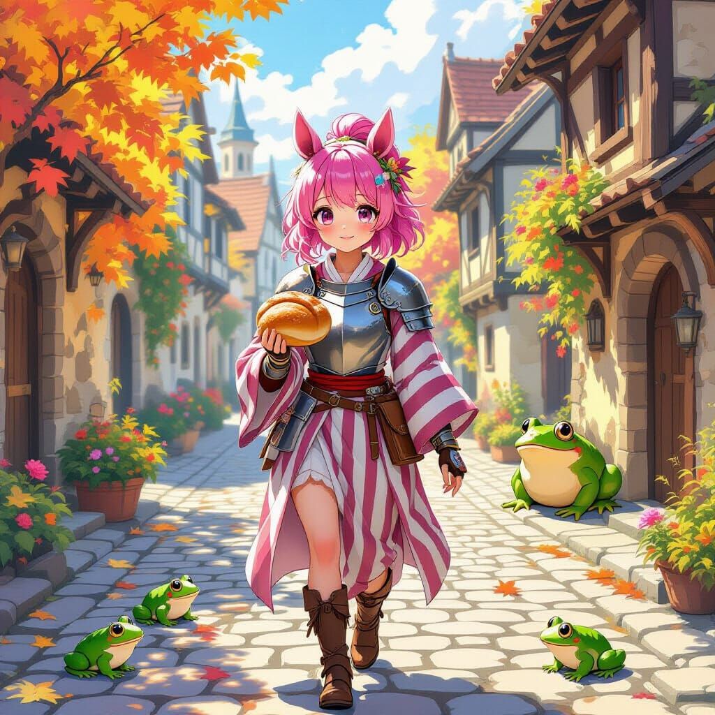 Anime Girl with Horse Ears in Medieval Town