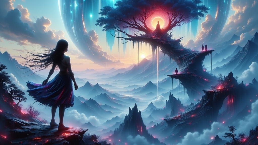 Futuristic Heroine Gazing at Paradise World Tree