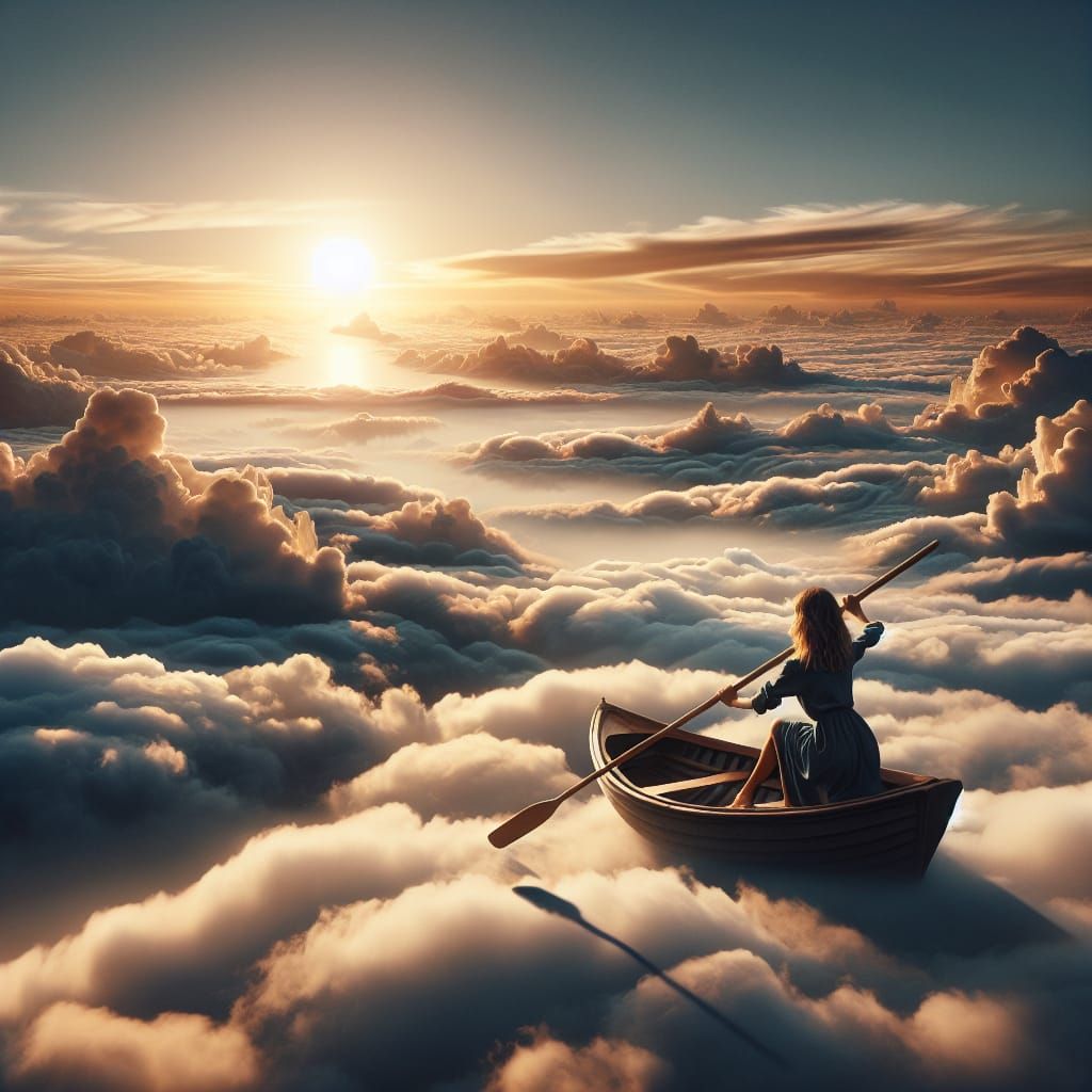 Woman Navigating Clouds at Sunset