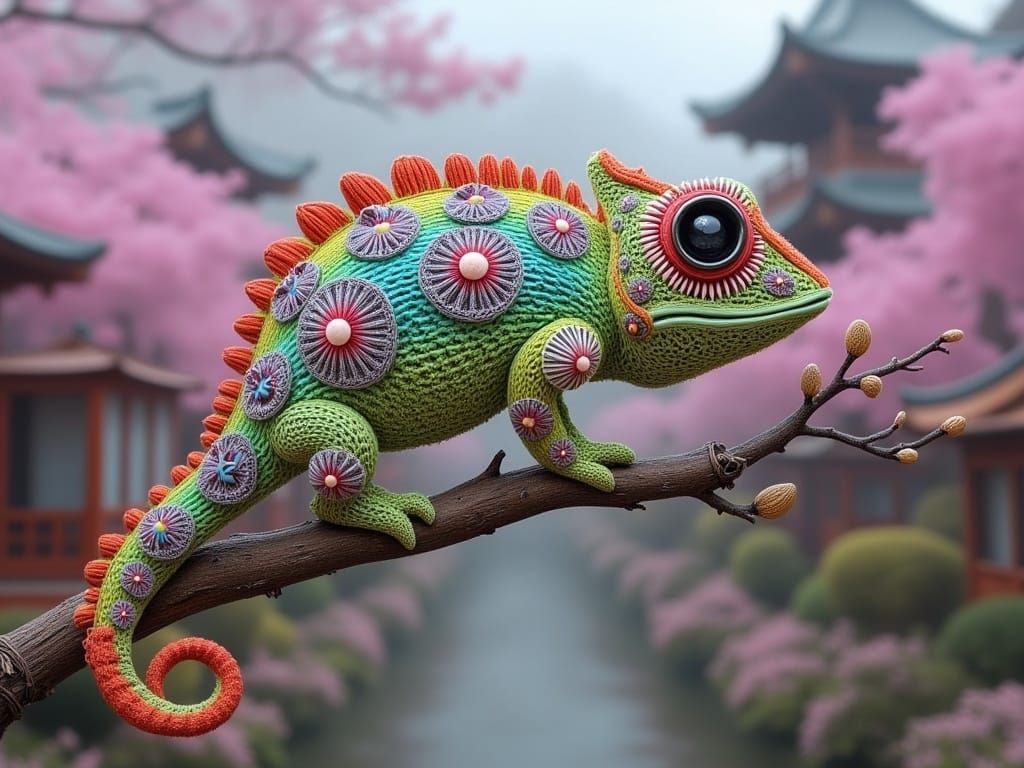 Intricate Japanese Creature in Dreamlike Village