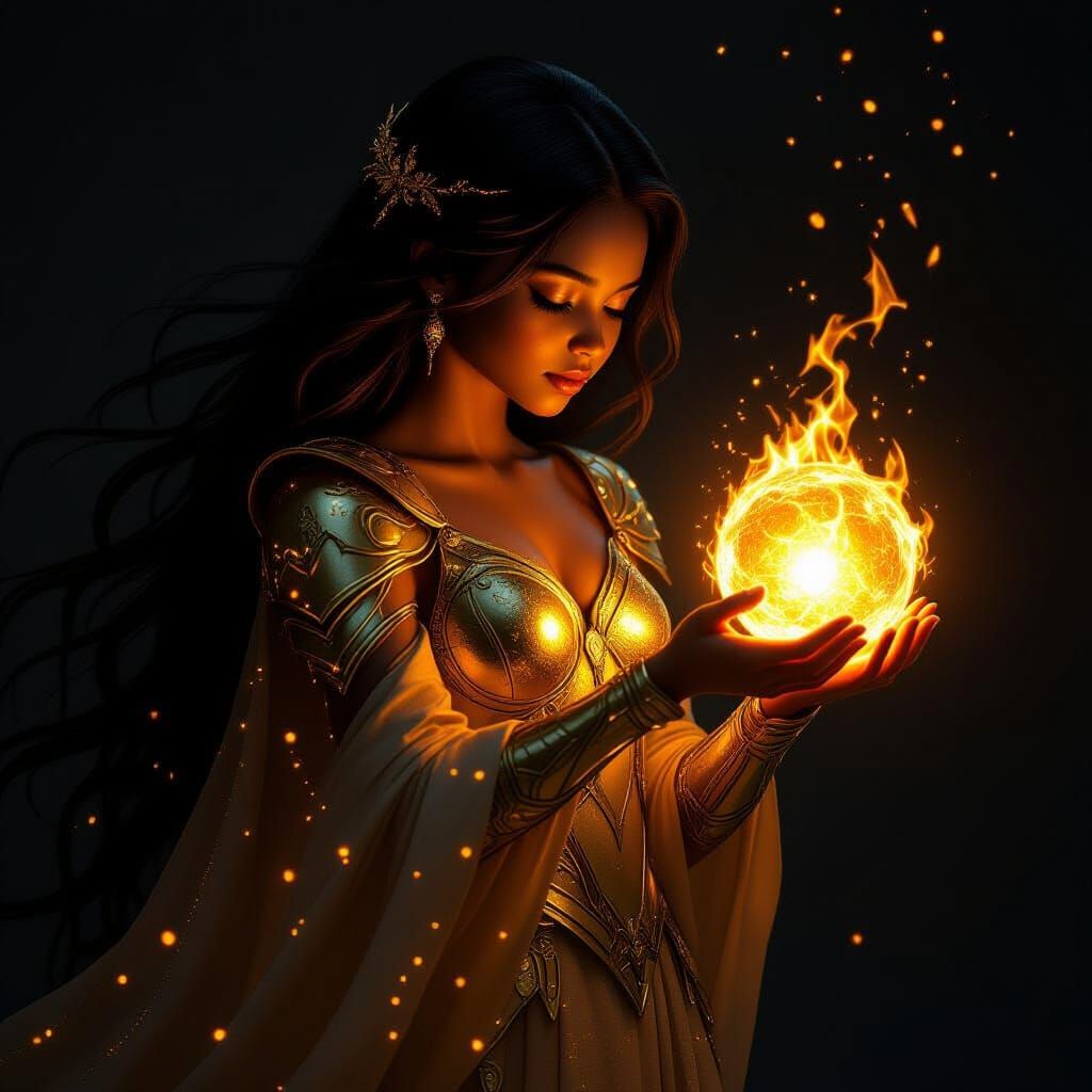 Luminous Girl with Fireball in Dreamlike Style