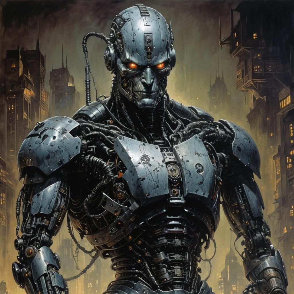 Sinister Android Enforcer in Dark Fantasy City
