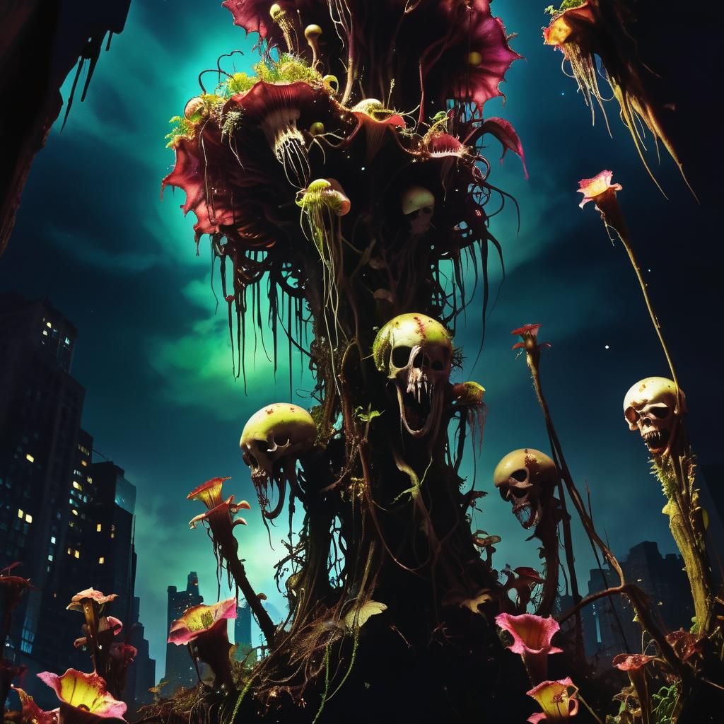 Bioluminescent Flora Overgrowing Decayed New York Cityscape