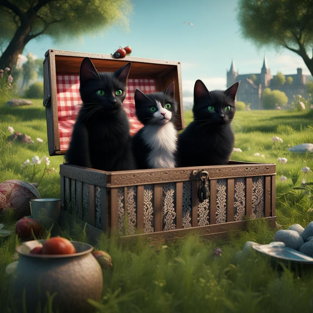 Lace-Adorned Kittens in Picnic Box, Fantasy Art