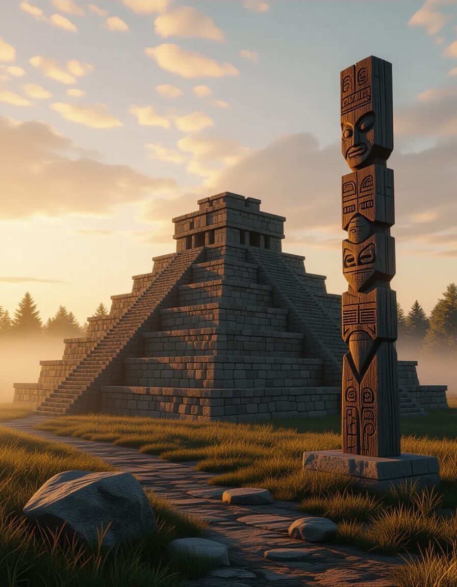Slavic Pyramid and Totem at Sunset