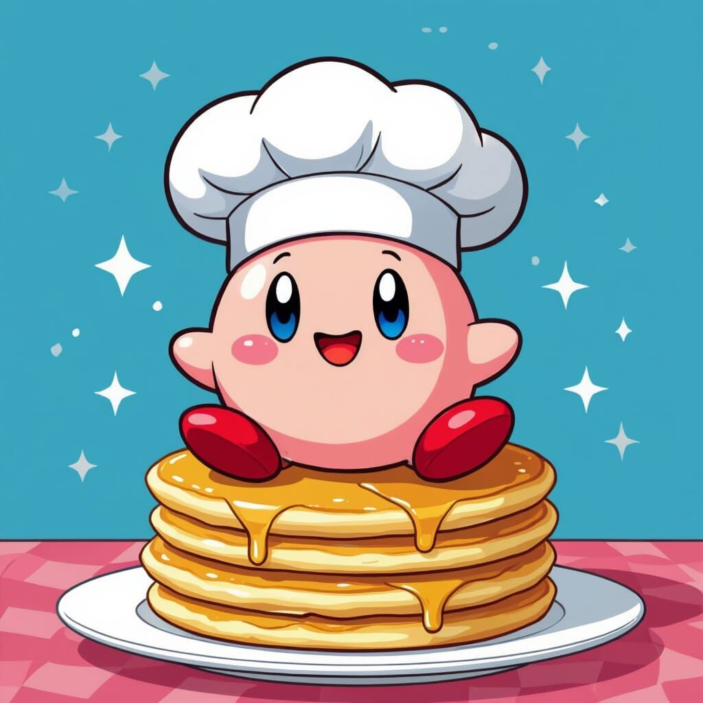 Kirby Mascot on Pancakes in Vibrant Illustrative Style