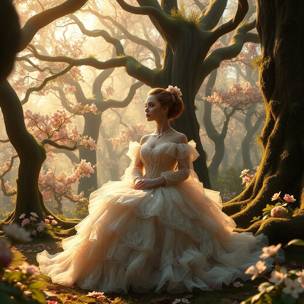 Elegant Lady Surrounded by Whimsical Blossom Forest in Victo...