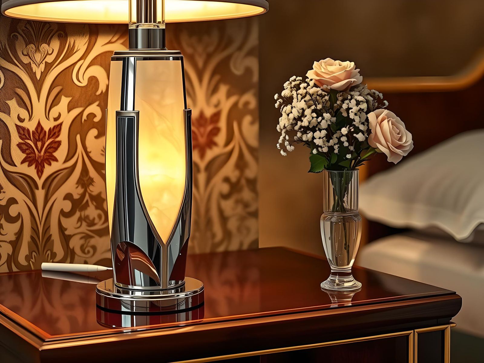 Art Deco Lamp Illuminates Mahogany Table