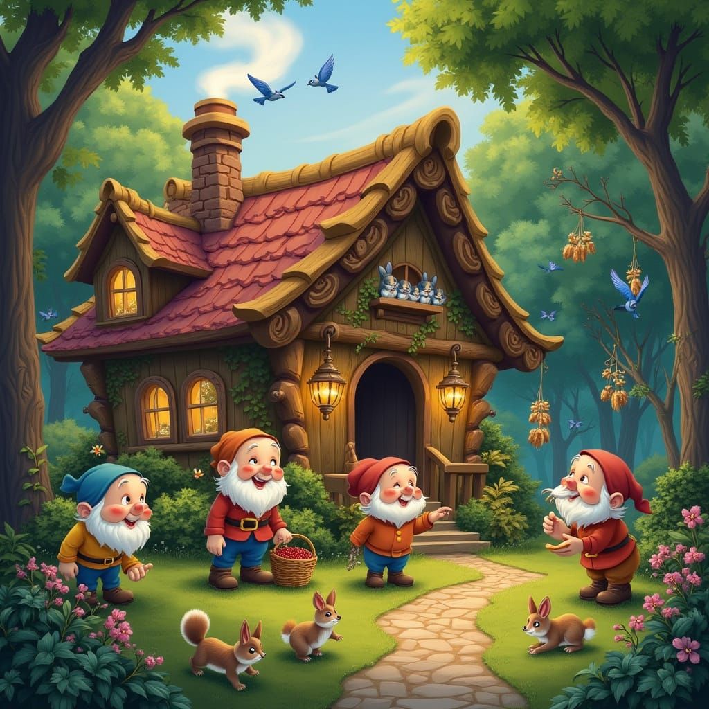 Whimsical Woodland Cottage Scene in Charming Style