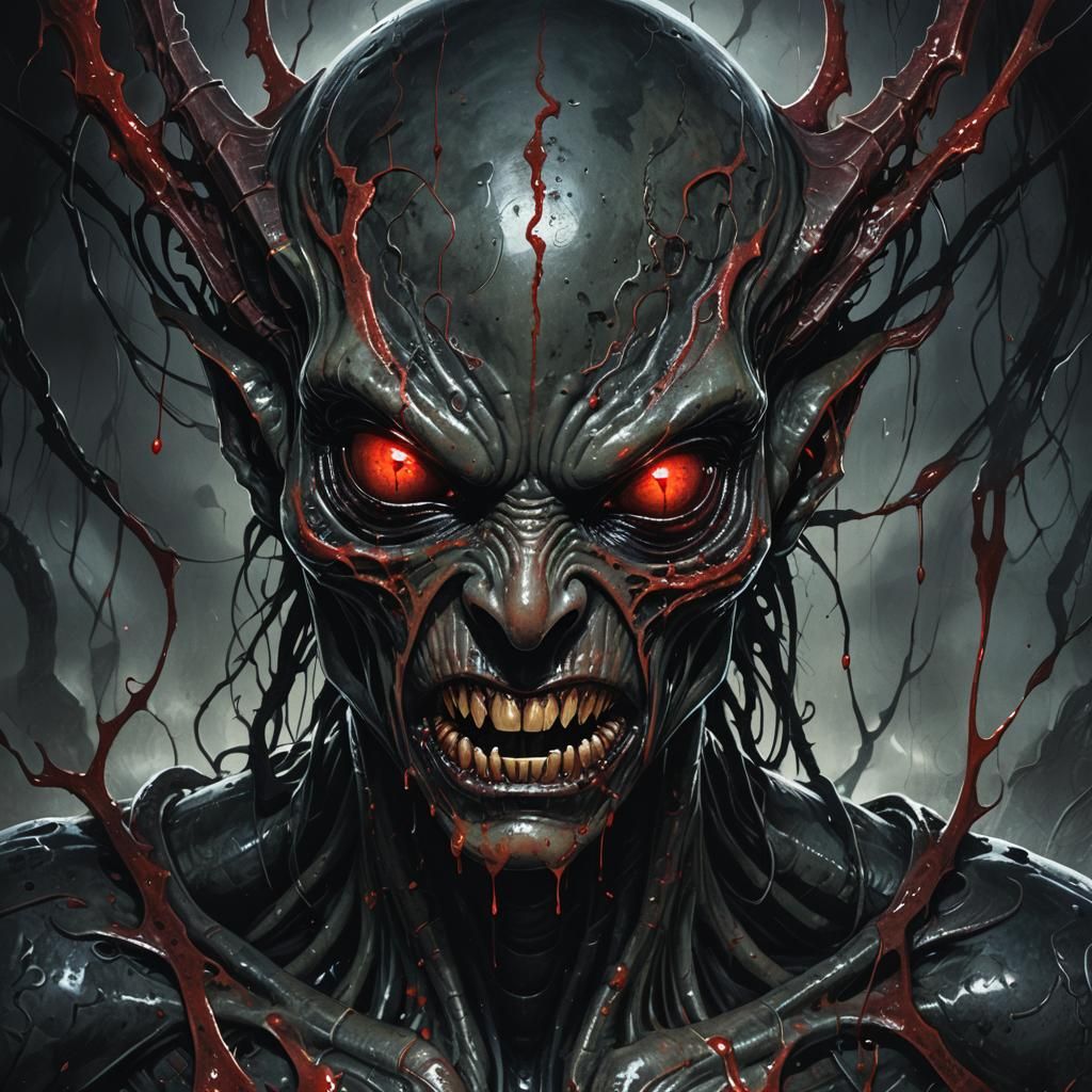 Eerie Alien Face with Blood in Dark Fantasy Style