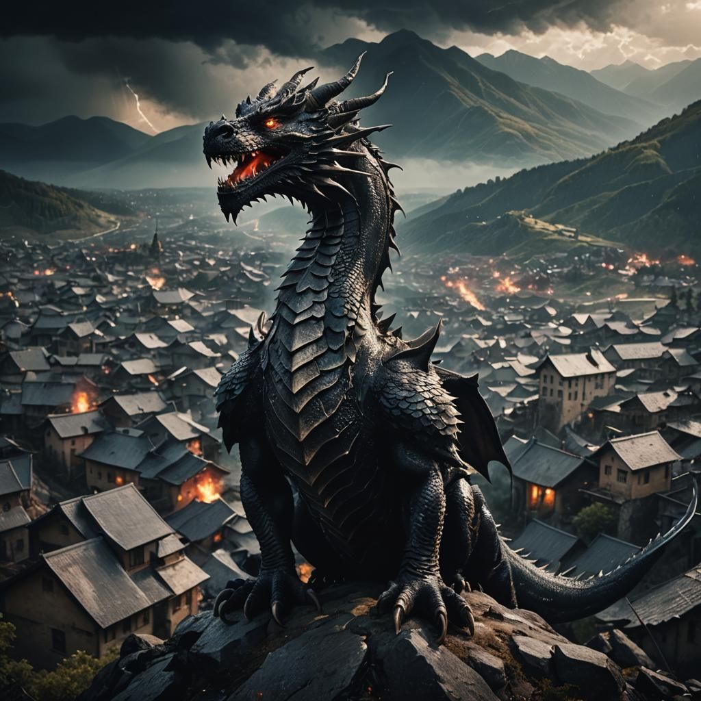 Dramatic Dragon Overlooks Village in Ominous Storm