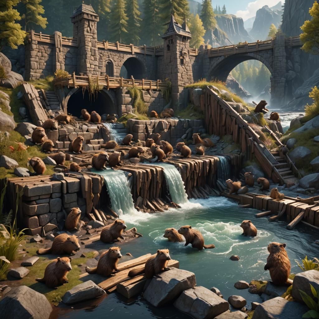 Beavers Building a Dam: Fantasy Concept Art