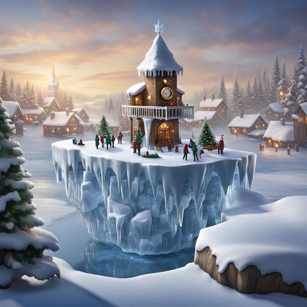 Floating Ice Island Watchtower Christmas Village Scene