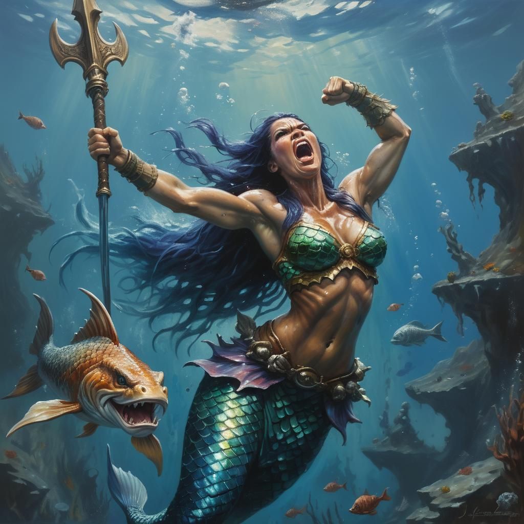 Fierce Mermaid Warrior Underwater Oil Painting