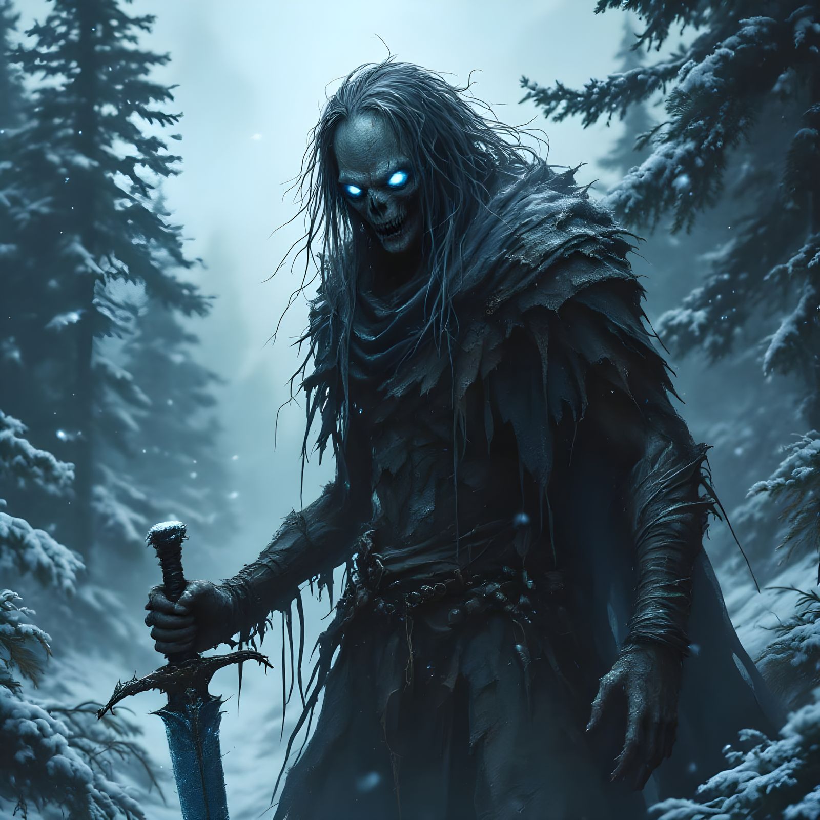 Frozen Undead Wight in Dark Pine Forest
