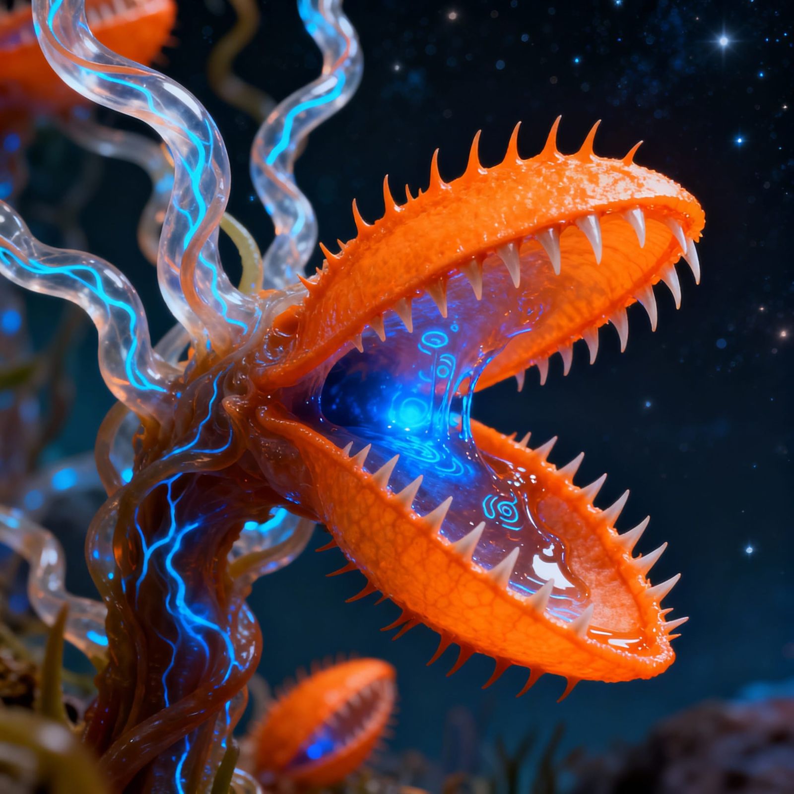 Close Up of an Orange and Blue Carnivorous Alien Plant