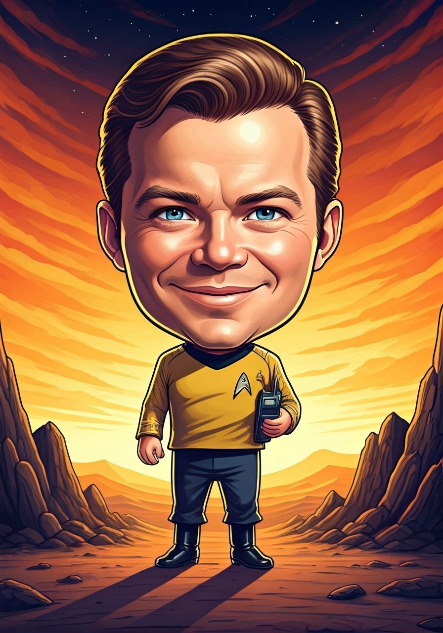 Chibi Captain Kirk on Alien Planet in Bold Digital Art Style