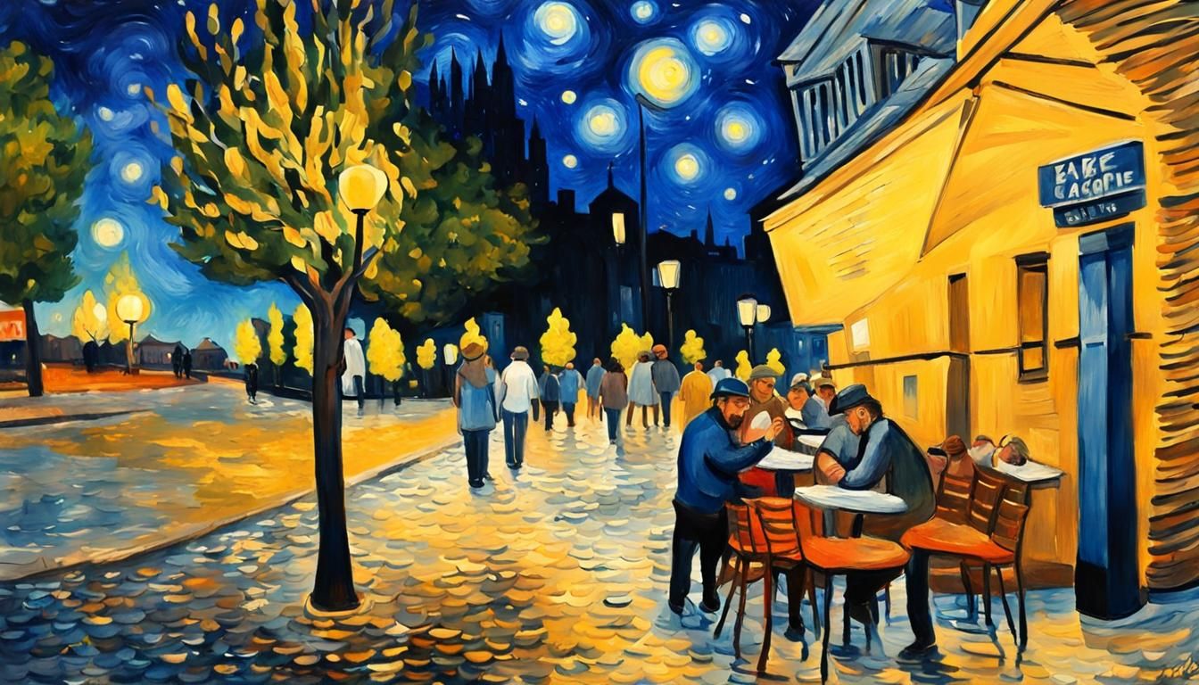 Madrid Cafe Scene in Gouache Impressionist Style
