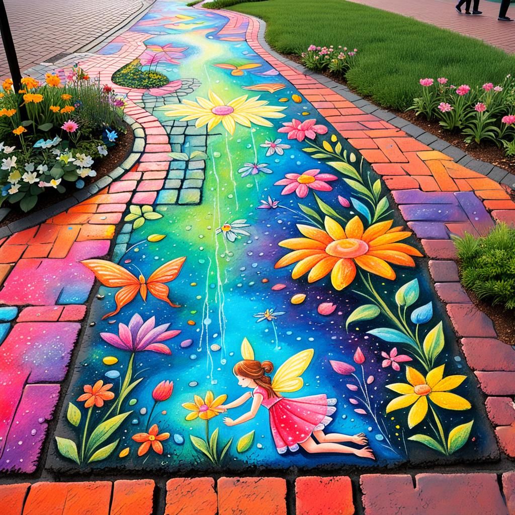 Vibrant Chalk Art Fairy Garden on Pavement