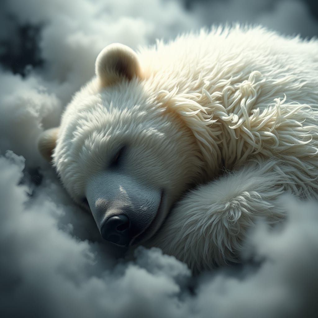 Surreal White Bear in Serene Cloudy Slumber