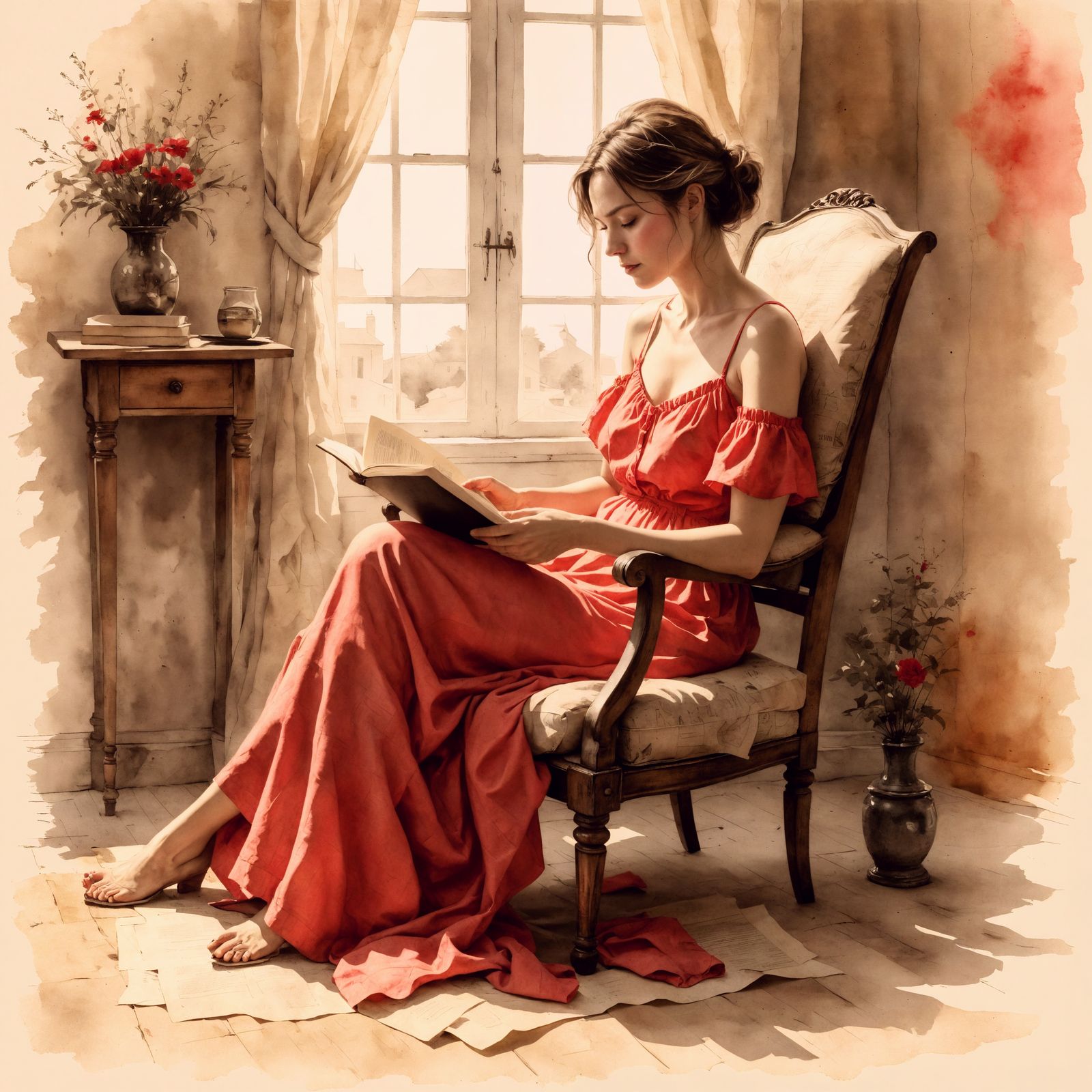 Ethereal Woman Reading in Sunlight: Ink Wash Art