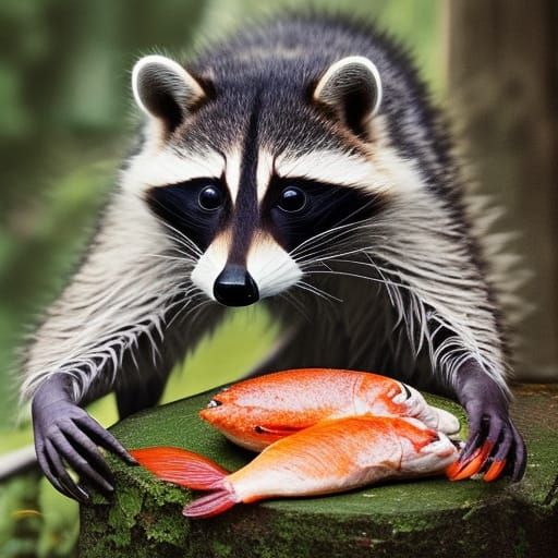 Realistic Raccoon Eating Fish: Digital Matte Painting