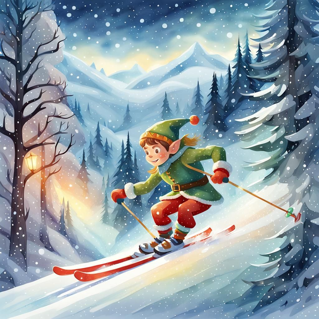 Elf Skiing in Winter Wonderland Watercolor Illustration
