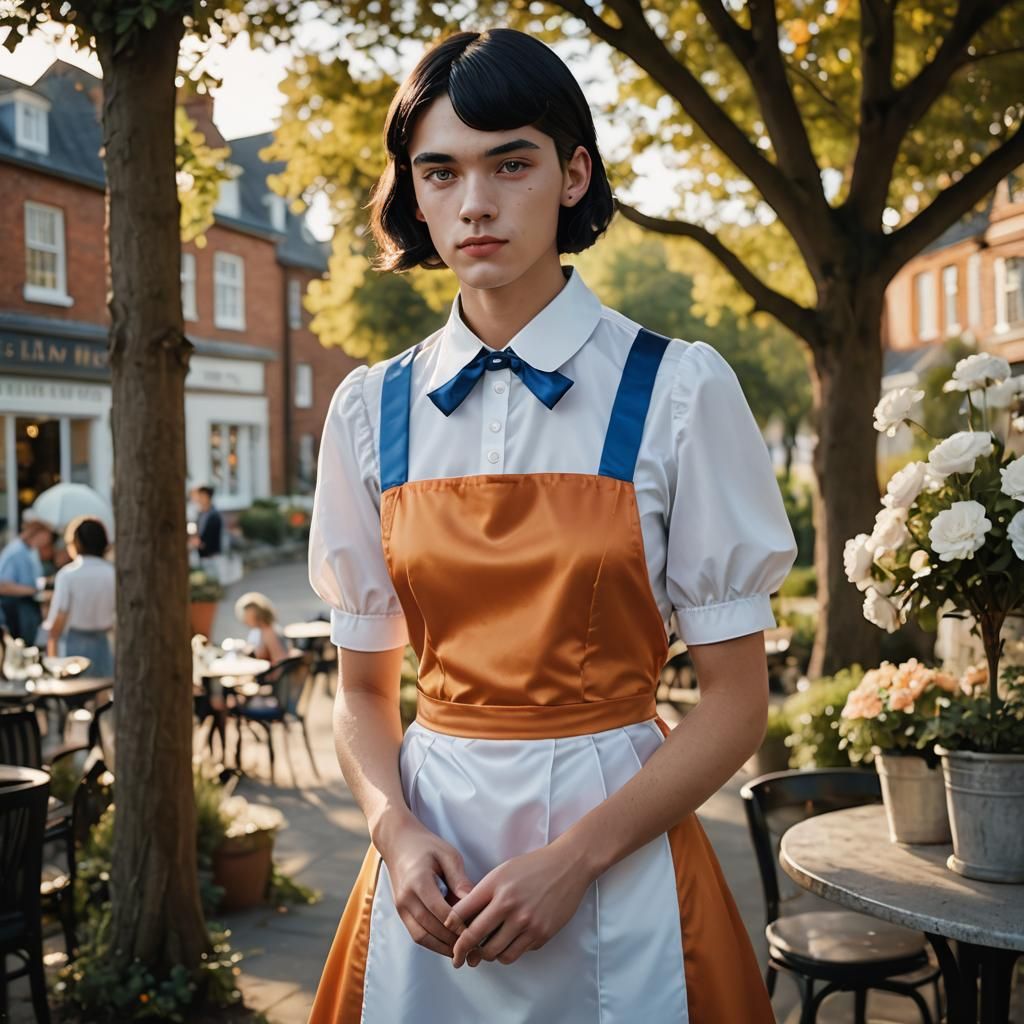 Boy in Orange Maid Dress: Hyper-Realistic Portrait