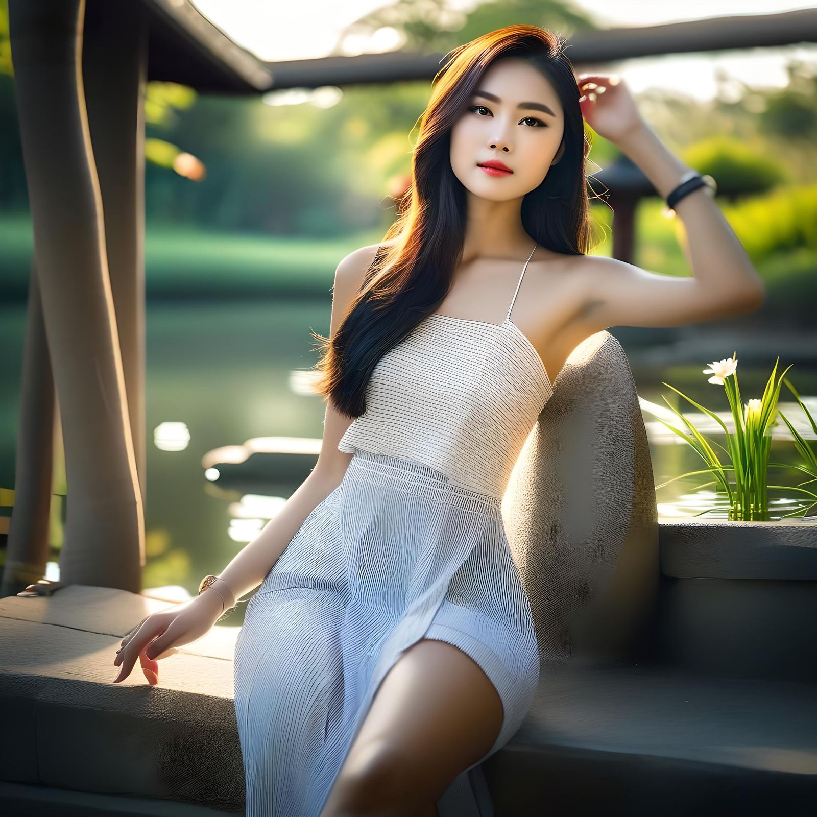 Asian Woman Relaxing by Pond: Portrait Photography