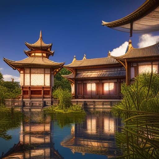 Temple and Koi Pond with Sunlit Bamboo