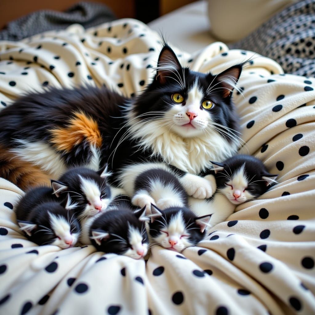 Mother Cat Napping with Kittens