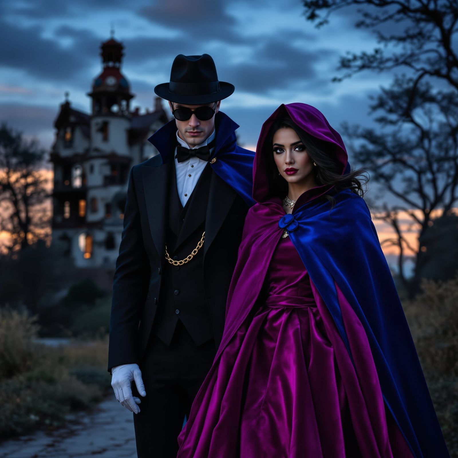 Man in Fedora and Cloak with Woman Beside Old Mansion
