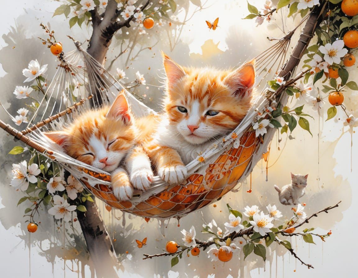 Kittens Napping in Apple Tree Hammock